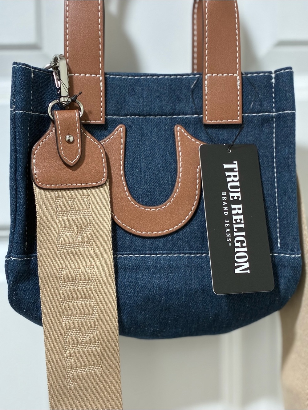 True Religion Denim Tote with Tan Leather Accents